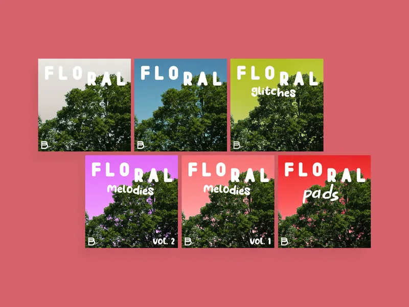 Six covers from the Floral sample pack series — Glitches, Melodies vols. 1 and 2, and Pads — each a tree canopy photograph under a different colour wash.