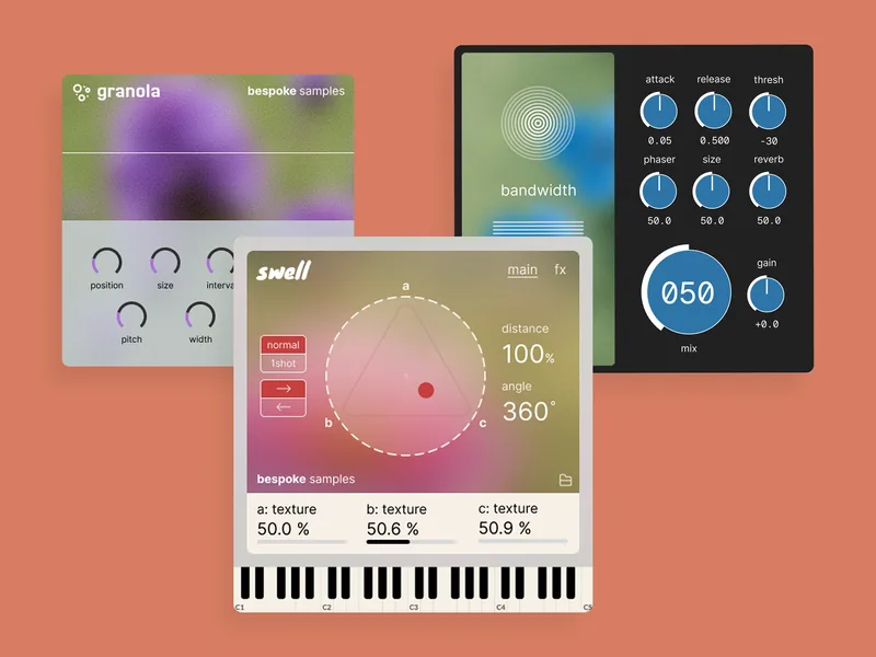 Three Bespoke Samples plugin interfaces — Granola, Swell, and Liquidize